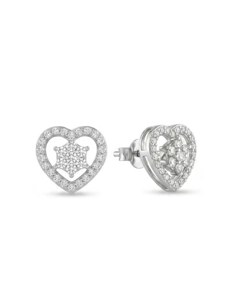 A pair of silver heart-shaped stud earrings adorned with pavé-set clear stones, shown from both the front and side angles on a white background.