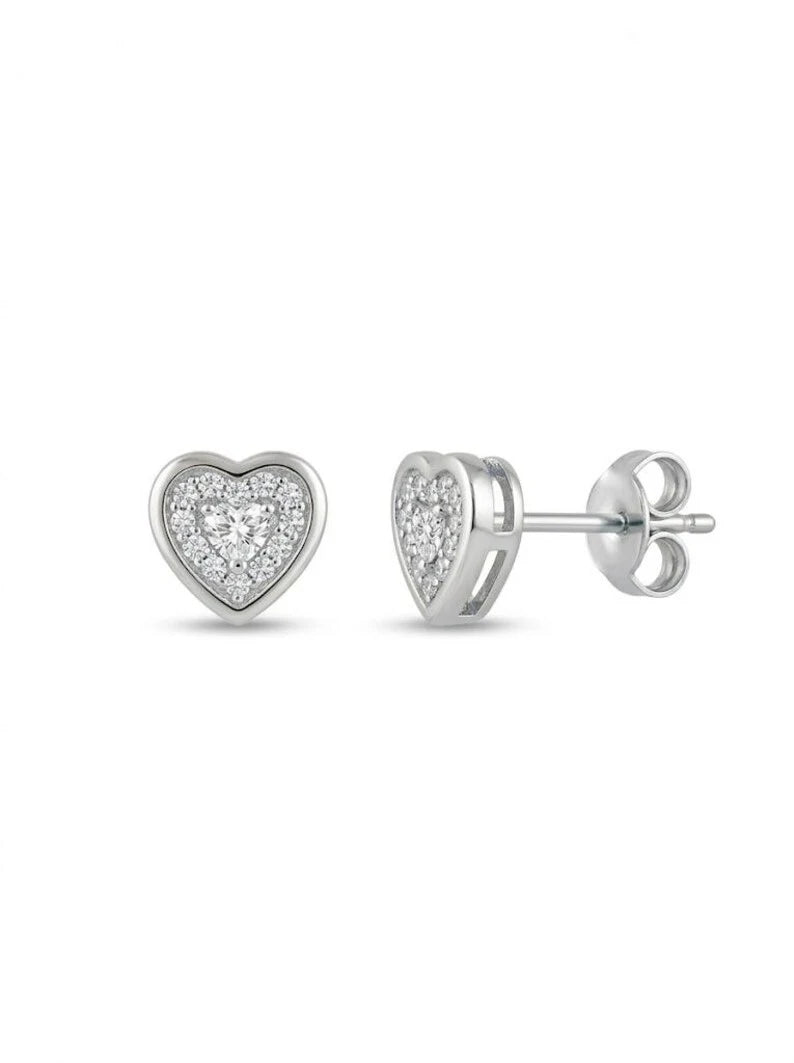A pair of silver heart-shaped stud earrings with pavé-set clear stones, shown from the front and side on a plain white background.