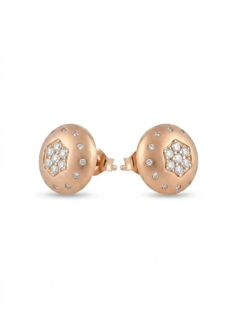 A pair of rose gold stud earrings with a textured spherical design, featuring a central cluster of small clear pavé stones and dotted clear accent stones, shown on a plain white background.