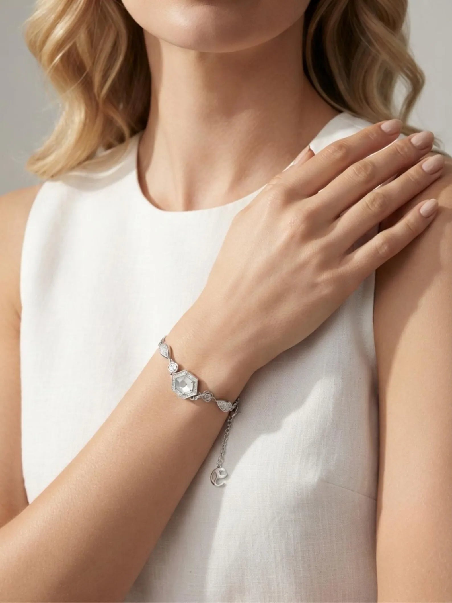 925 Sterling Silver Hexagon CZ Bracelet
