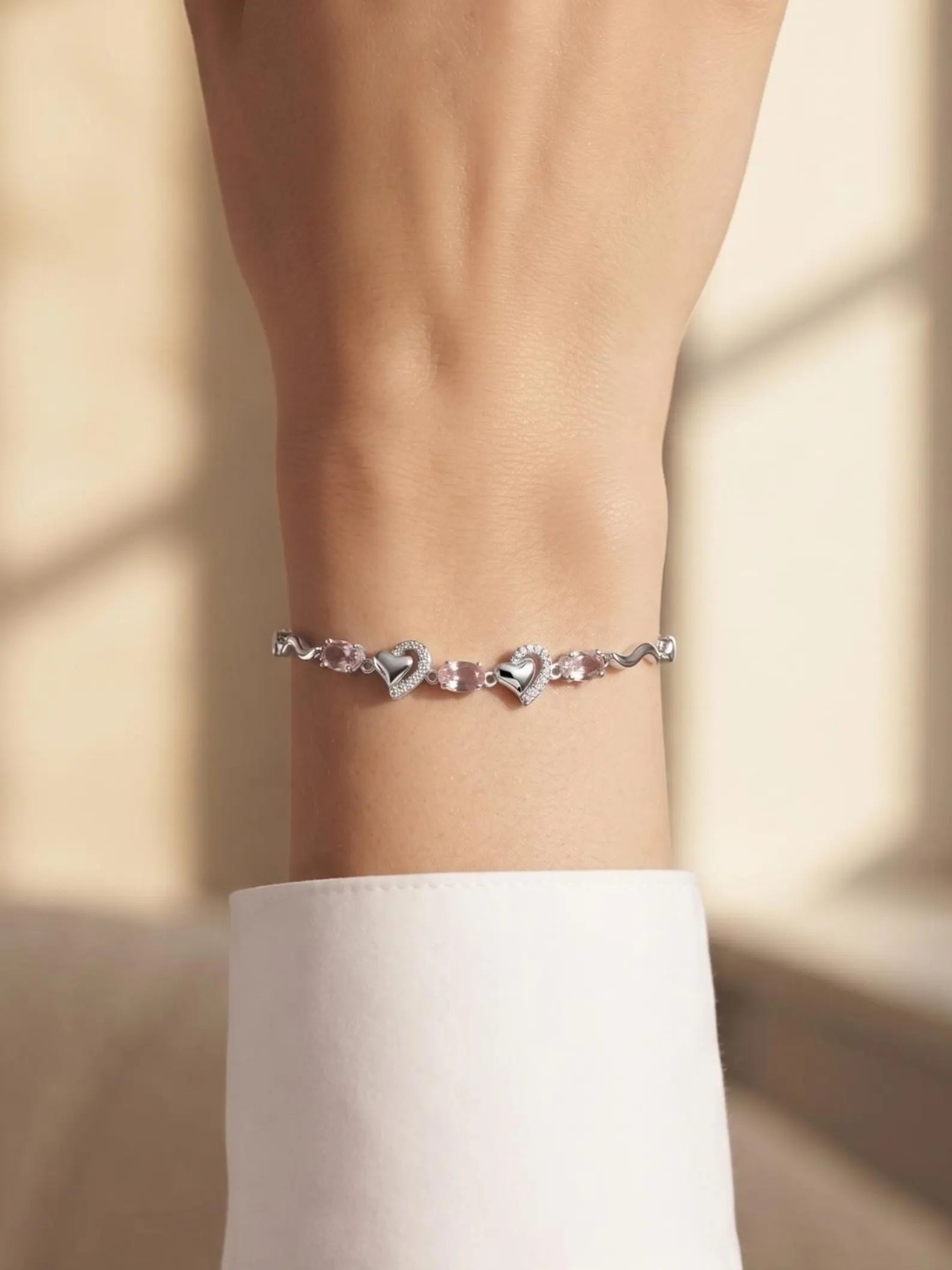 925 Sterling Silver Pink Heart Bracelet,Pink Crystal Heart Jewelry,Romantic Silver Bracelet,CZ Heart Bracelet,Gift forHer,Minimalist Jewelry