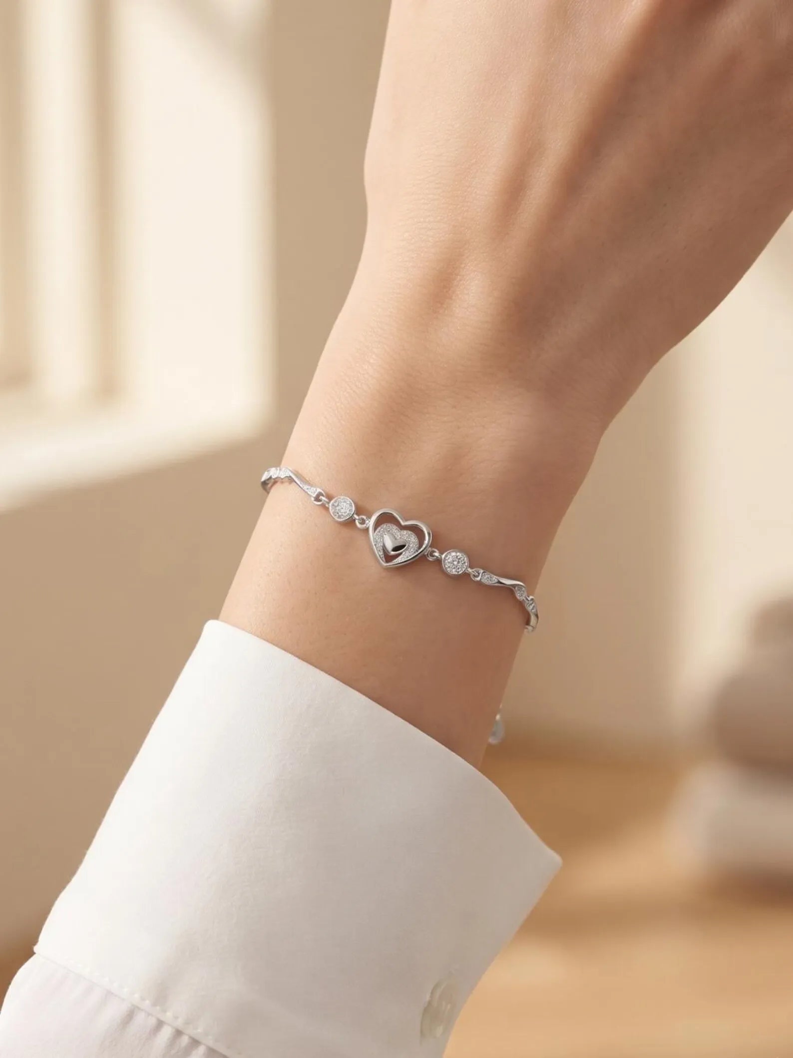 925 Sterling Silver Heart Bracelet,CZ Heart Link Bracelet, Silver Heart Jewelry, Dainty Women’s Bracelet, Romantic Gift,Minimalist Bracelet