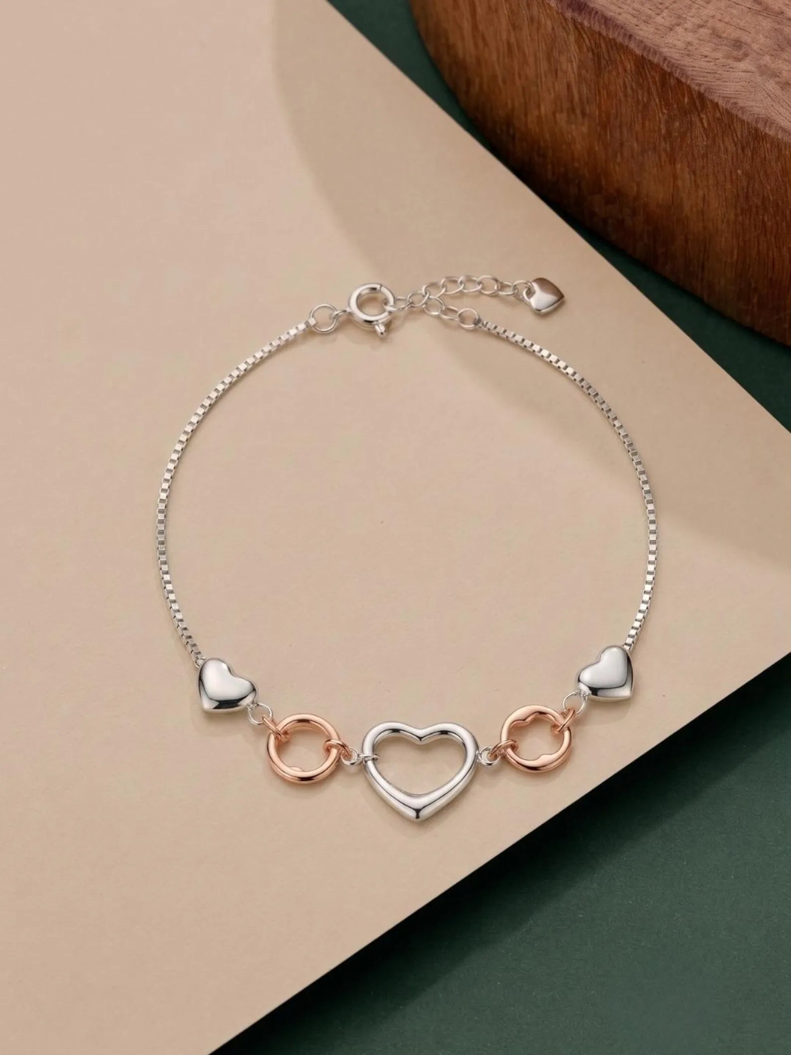 925 Sterling Silver Heart Bracelet, Two Tone Heart Link Bracelet, Silver Rose Gold Love Bracelet, Dainty Women’s Jewelry, Romantic Gift
