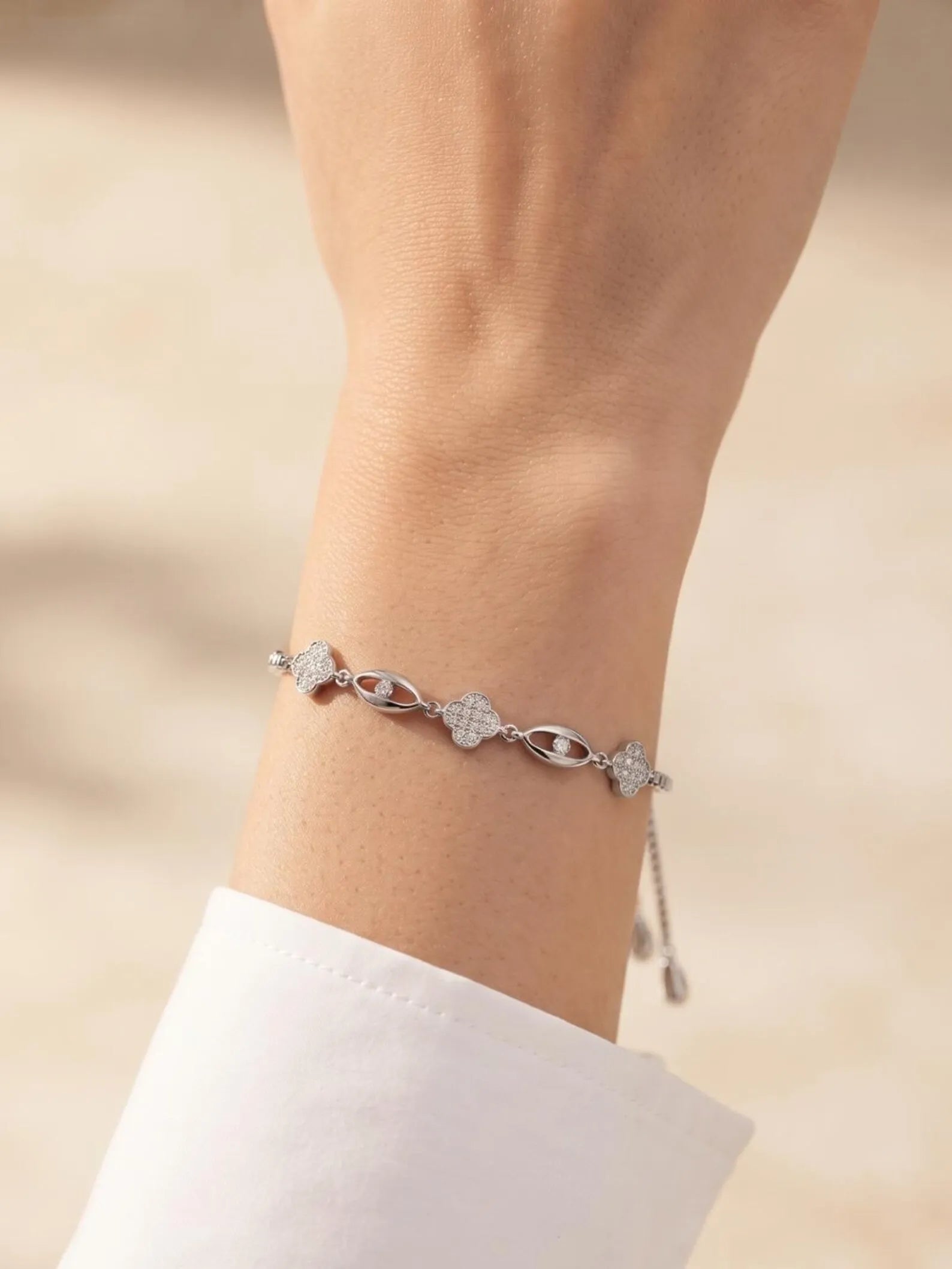 925 Sterling Silver Clover Bracelet, CZ Floral Link Bracelet, Adjustable Slider Bracelet, Dainty Silver Jewelry, Women’s Gift