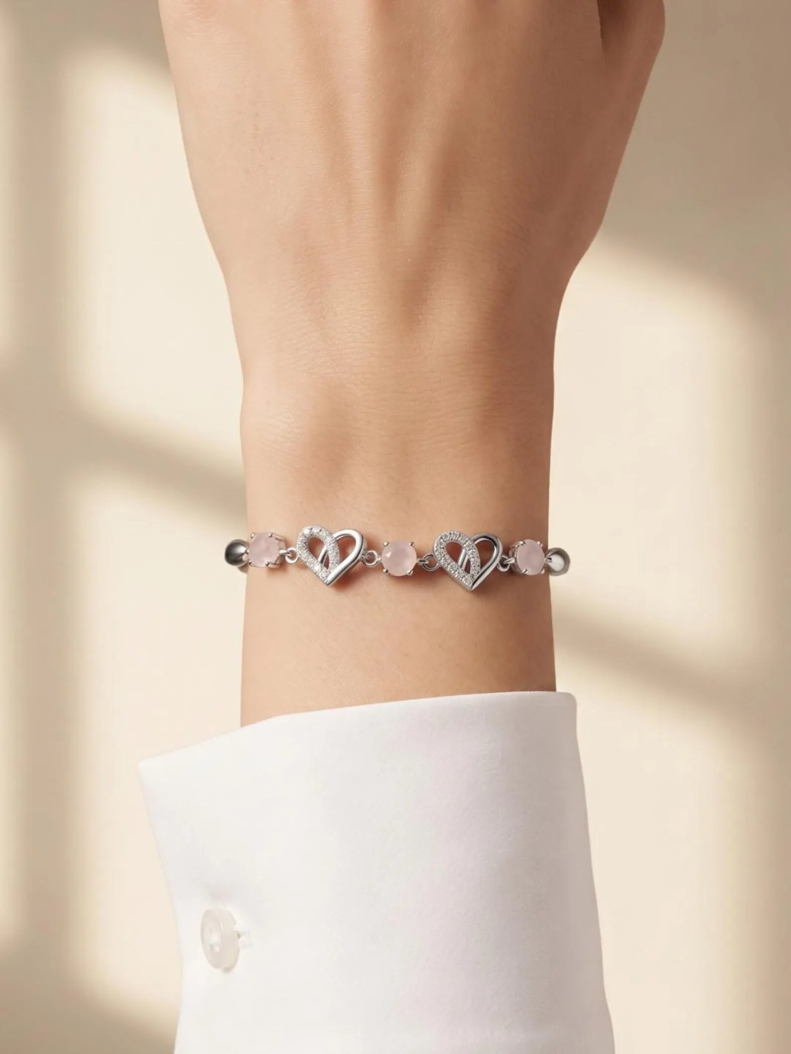 Pink Heart Bracelet,925 Sterling Silver Bracelet, Rose Quartz Heart Jewelry, CZ Heart Bracelet, Dainty Romantic Gift for Her,Dainty Bracelet