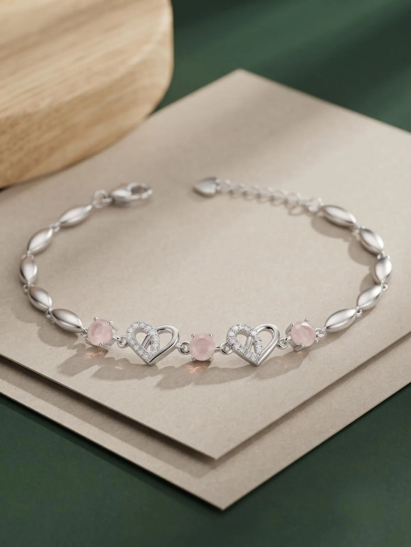 Pink Heart Bracelet,925 Sterling Silver Bracelet, Rose Quartz Heart Jewelry, CZ Heart Bracelet, Dainty Romantic Gift for Her,Dainty Bracelet