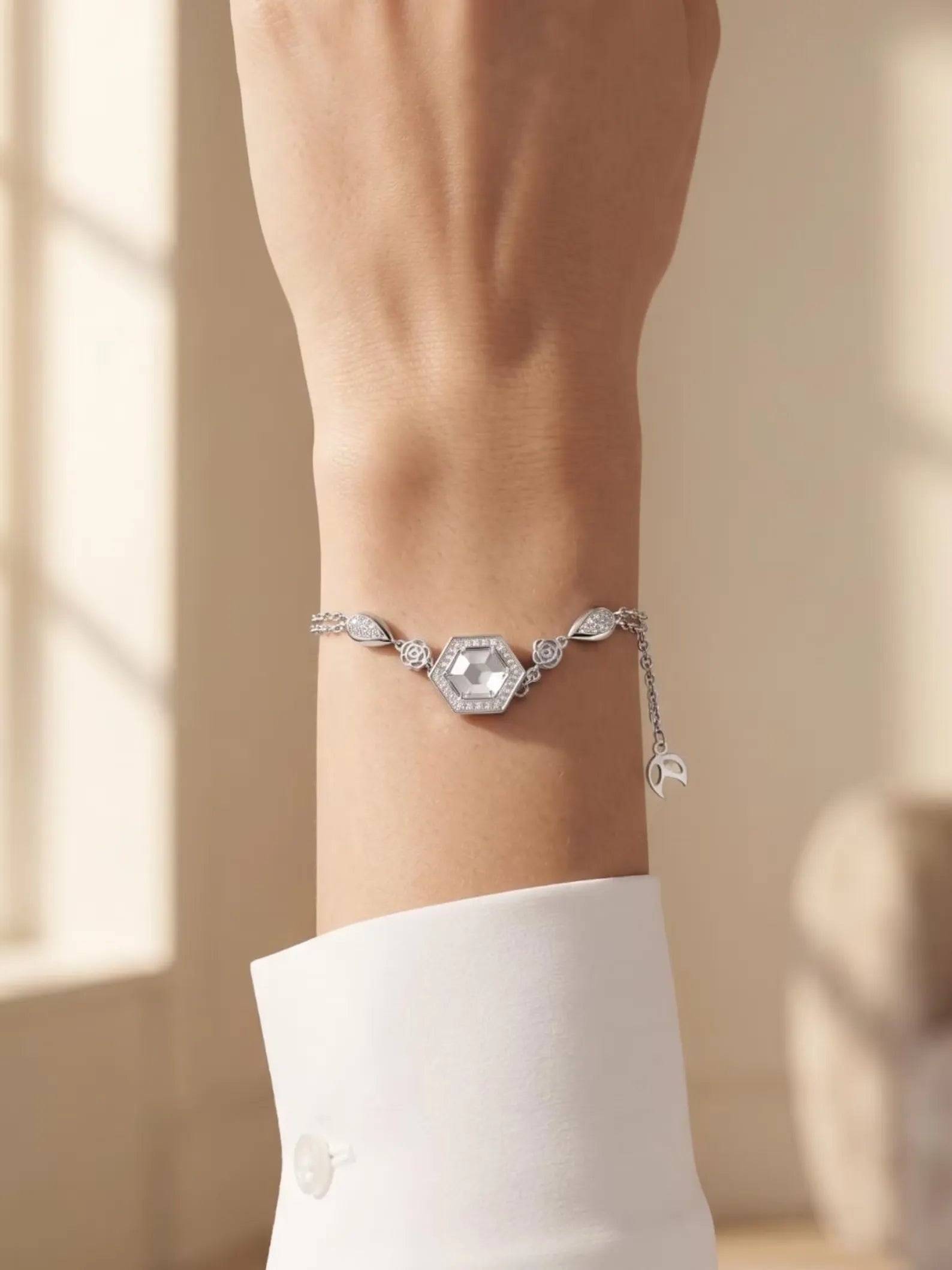 Hexagon Crystal with Floral & Teardrop Design