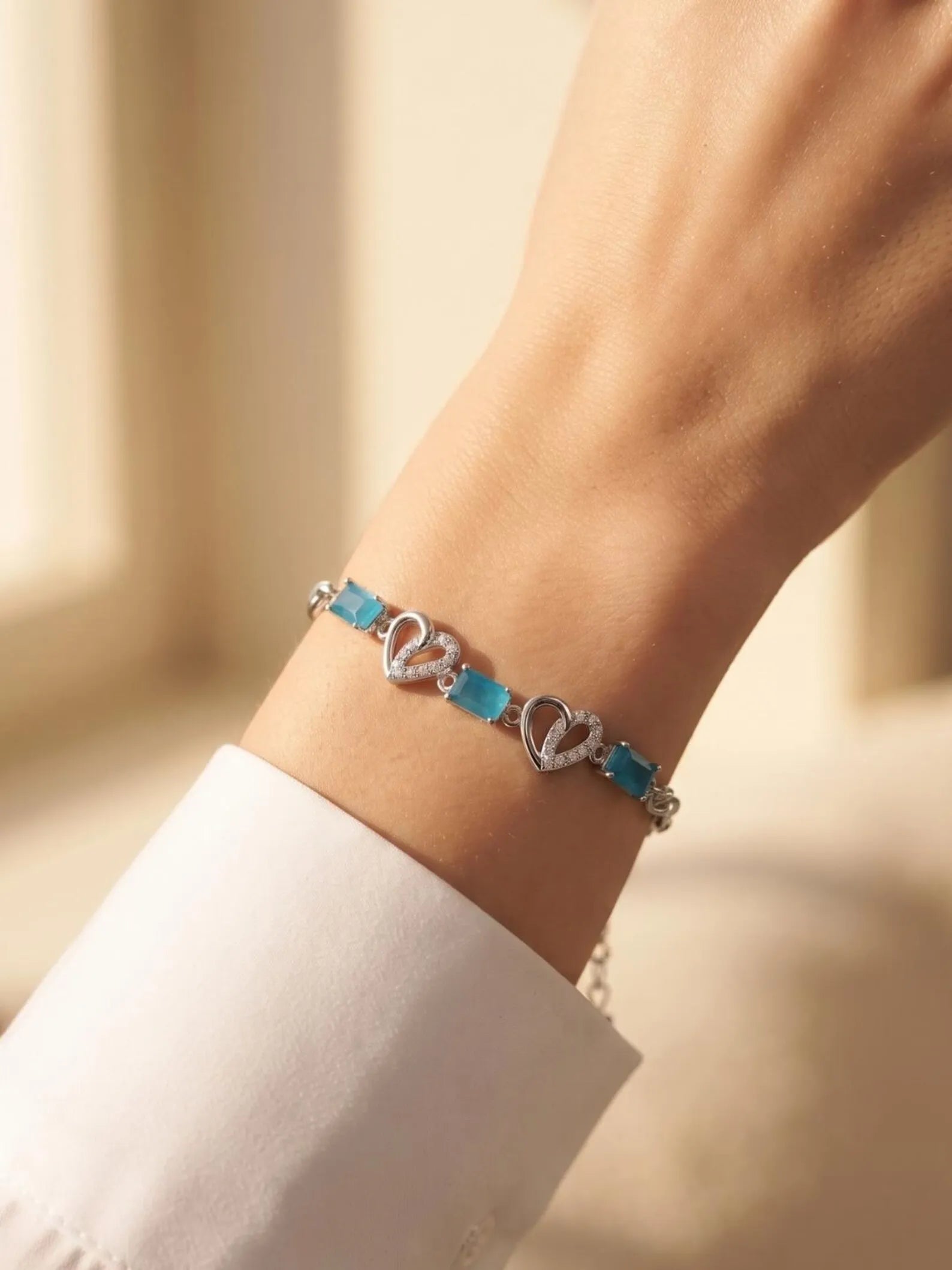 925Sterling Silver Blue Heart Bracelet,Blue Crystal Bracelet,Romantic Heart Jewelry,Adjustable Bracelet for Women,Gift for Her,DaintyJewelry