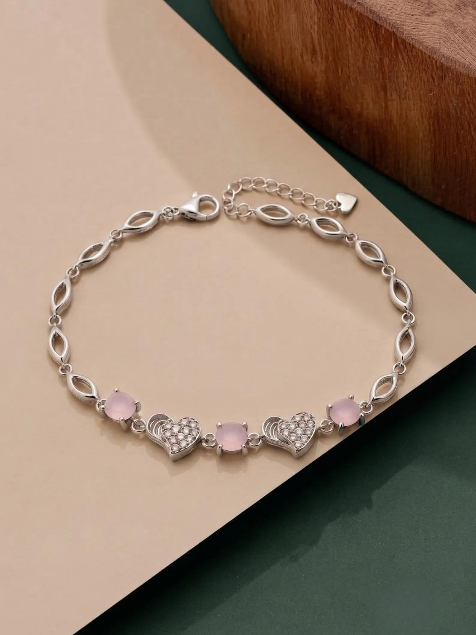 Rose Quartz Style Stone & Cubic Zirconia - silver Bracelet