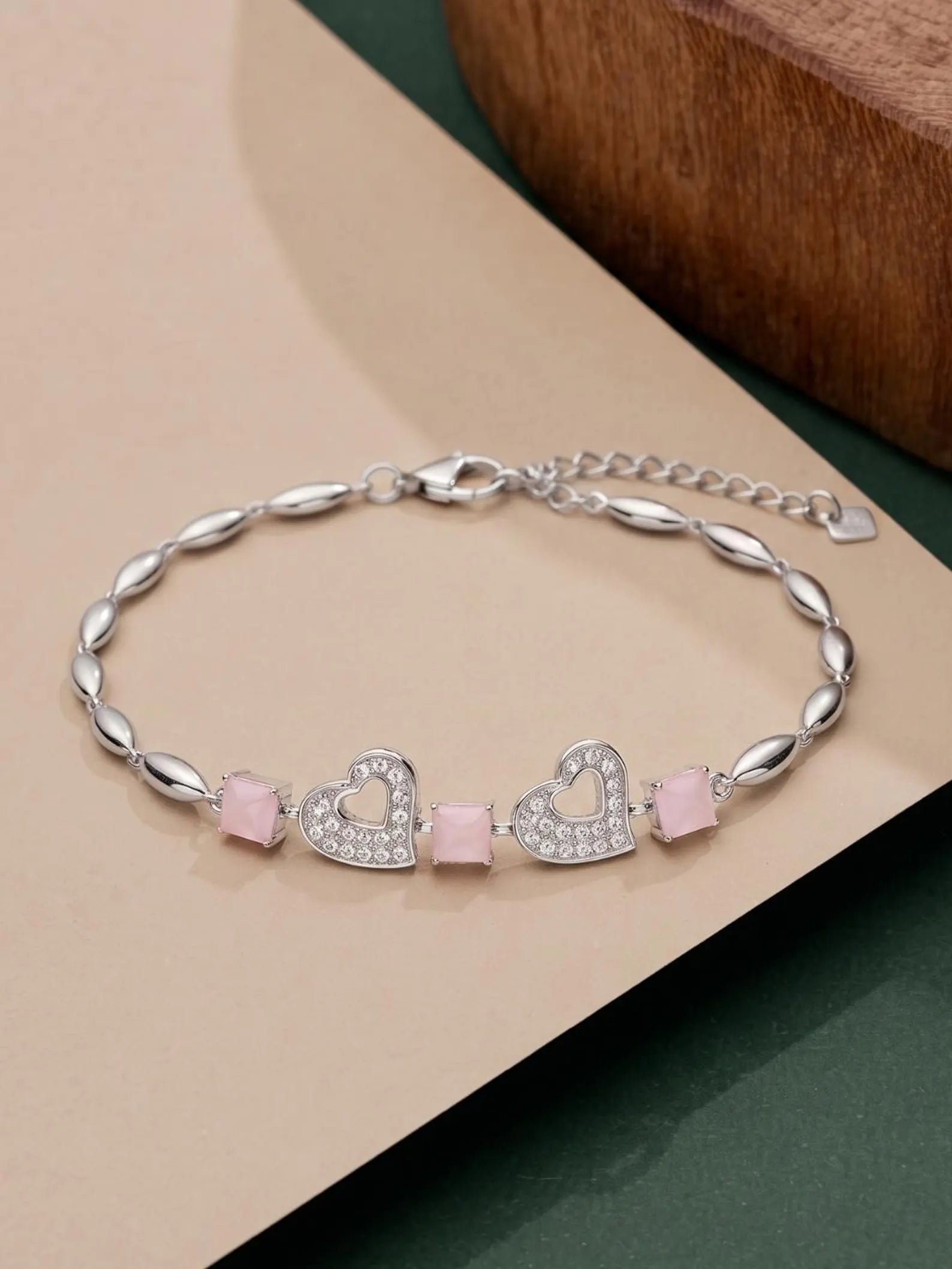 925 Sterling Silver Heart Bracelet, Pink Crystal Heart Bracelet, Romantic CZ Jewelry, Silver Link Bracelet, Gift for Her, Minimalist Jewelry