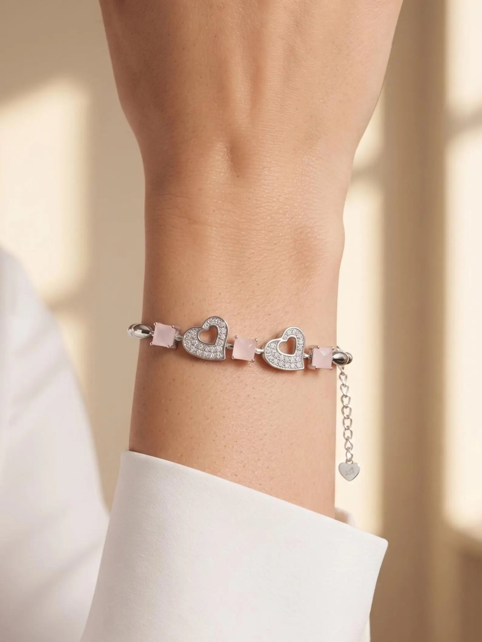 925 Sterling Silver Heart Bracelet, Pink Crystal Heart Bracelet, Romantic CZ Jewelry, Silver Link Bracelet, Gift for Her, Minimalist Jewelry