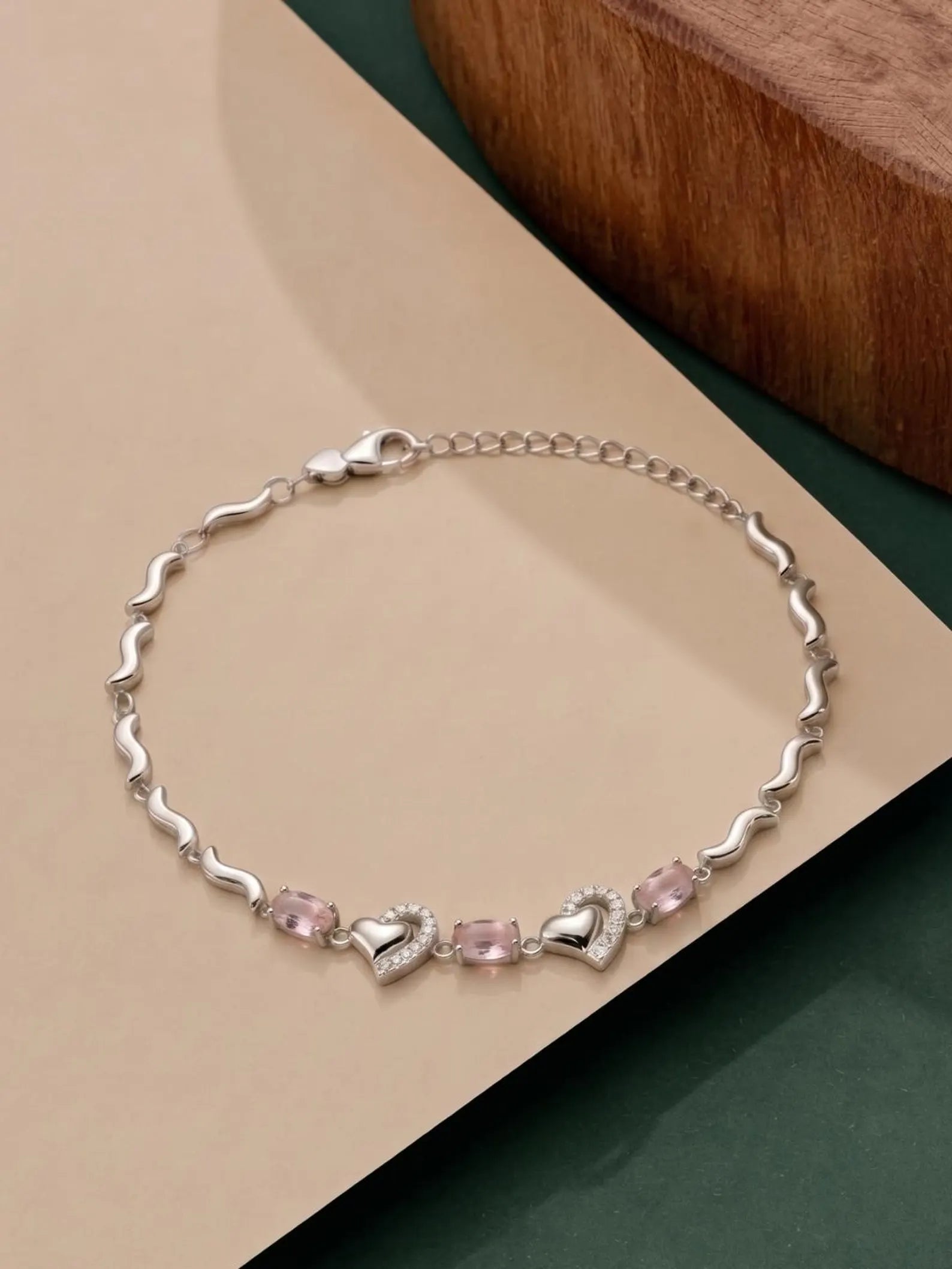 925 Sterling Silver Pink Heart Bracelet,Pink Crystal Heart Jewelry,Romantic Silver Bracelet,CZ Heart Bracelet,Gift forHer,Minimalist Jewelry