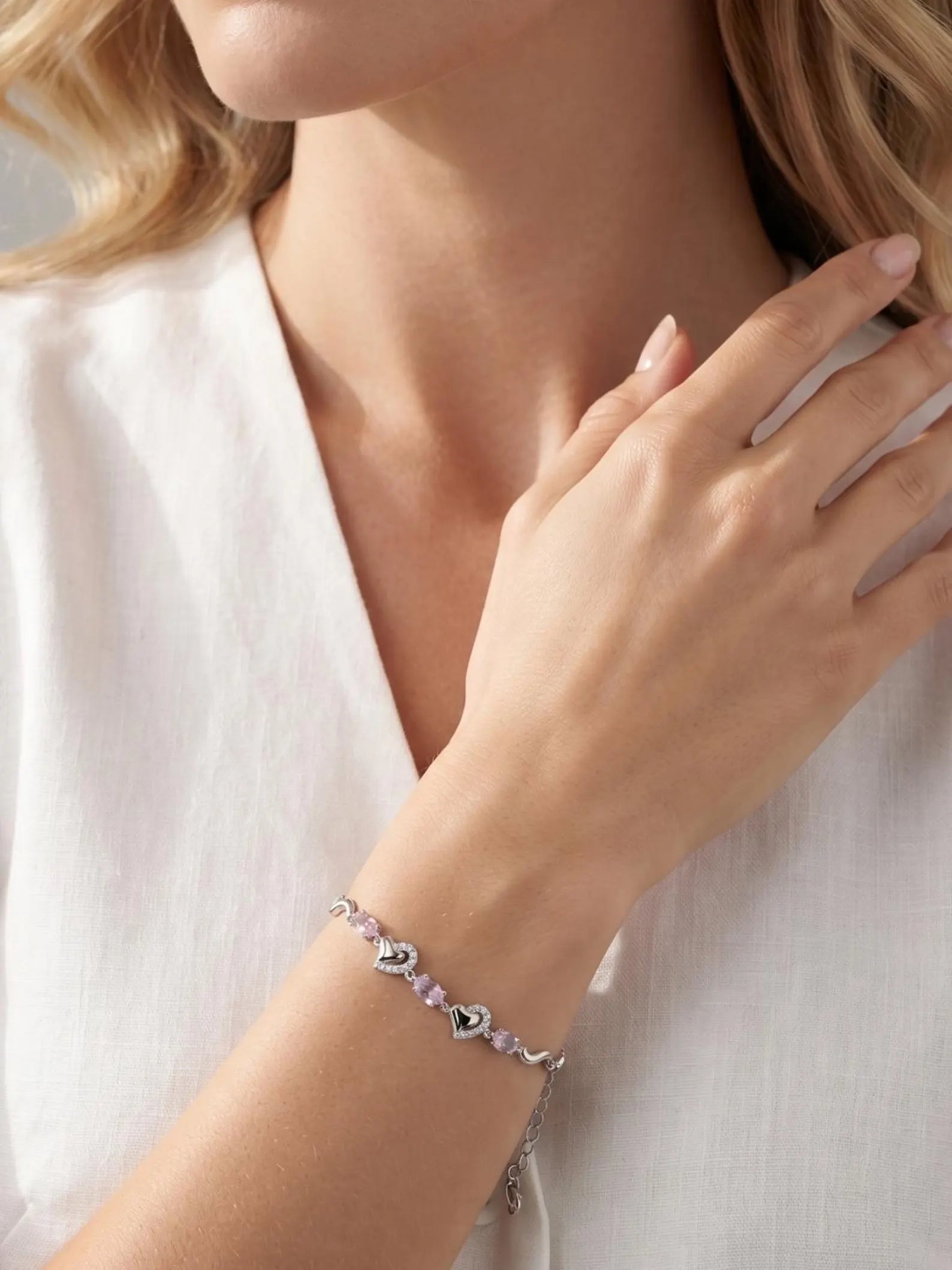 925 Sterling Silver Pink Heart Bracelet,Pink Crystal Heart Jewelry,Romantic Silver Bracelet,CZ Heart Bracelet,Gift forHer,Minimalist Jewelry
