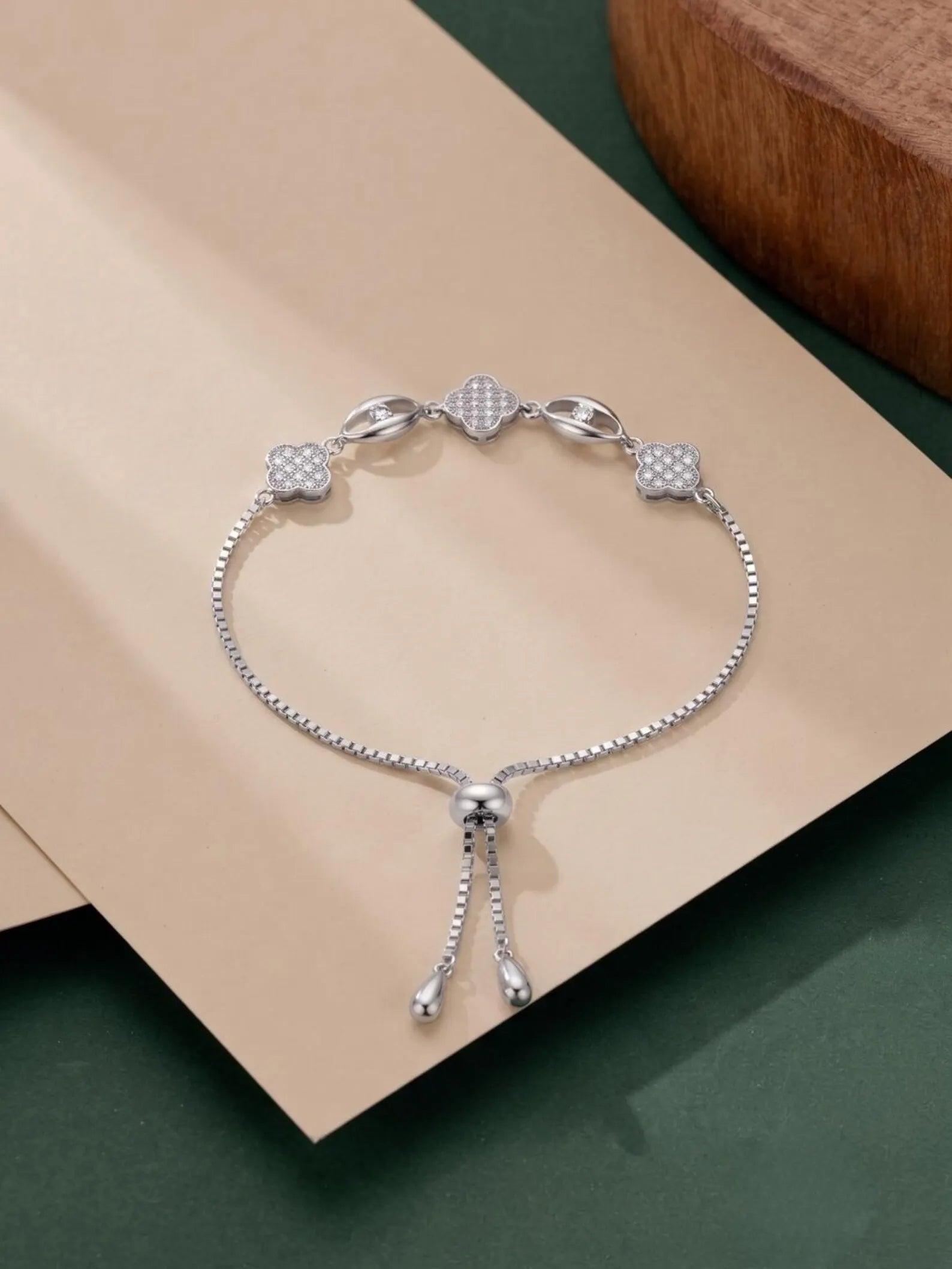 925 Sterling Silver Clover Bracelet, CZ Floral Link Bracelet, Adjustable Slider Bracelet, Dainty Silver Jewelry, Women’s Gift