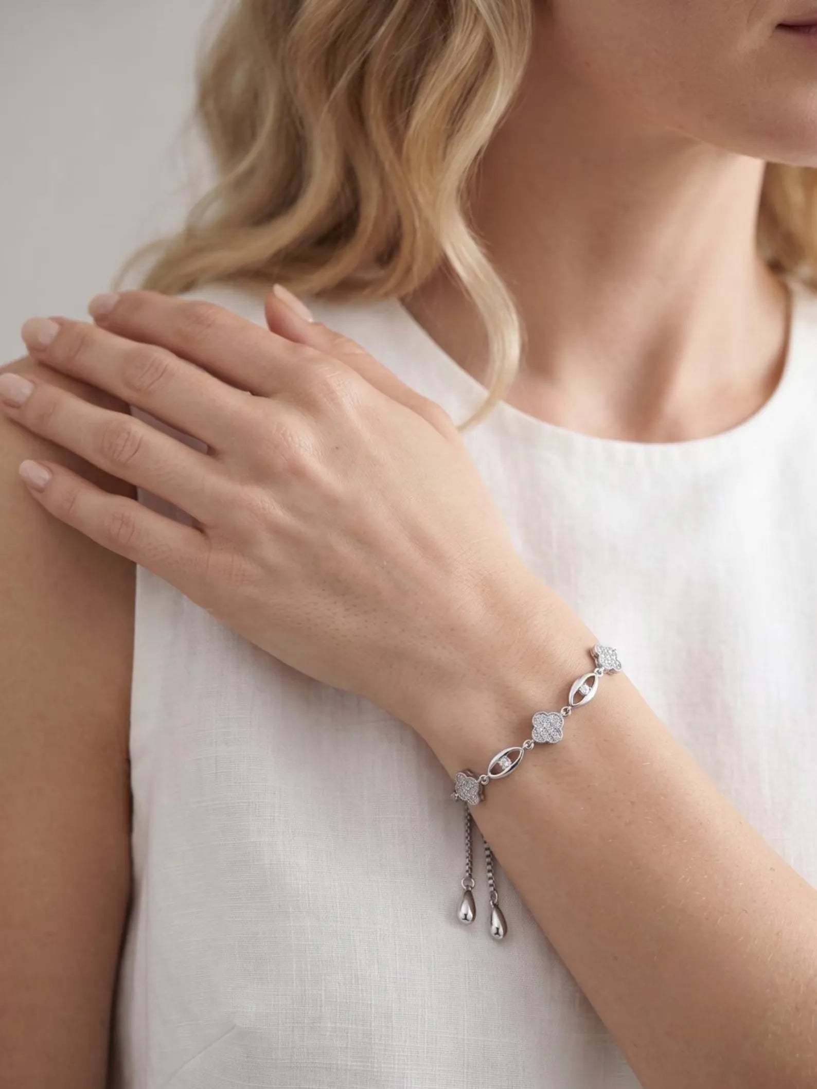 925 Sterling Silver Clover Bracelet, CZ Floral Link Bracelet, Adjustable Slider Bracelet, Dainty Silver Jewelry, Women’s Gift
