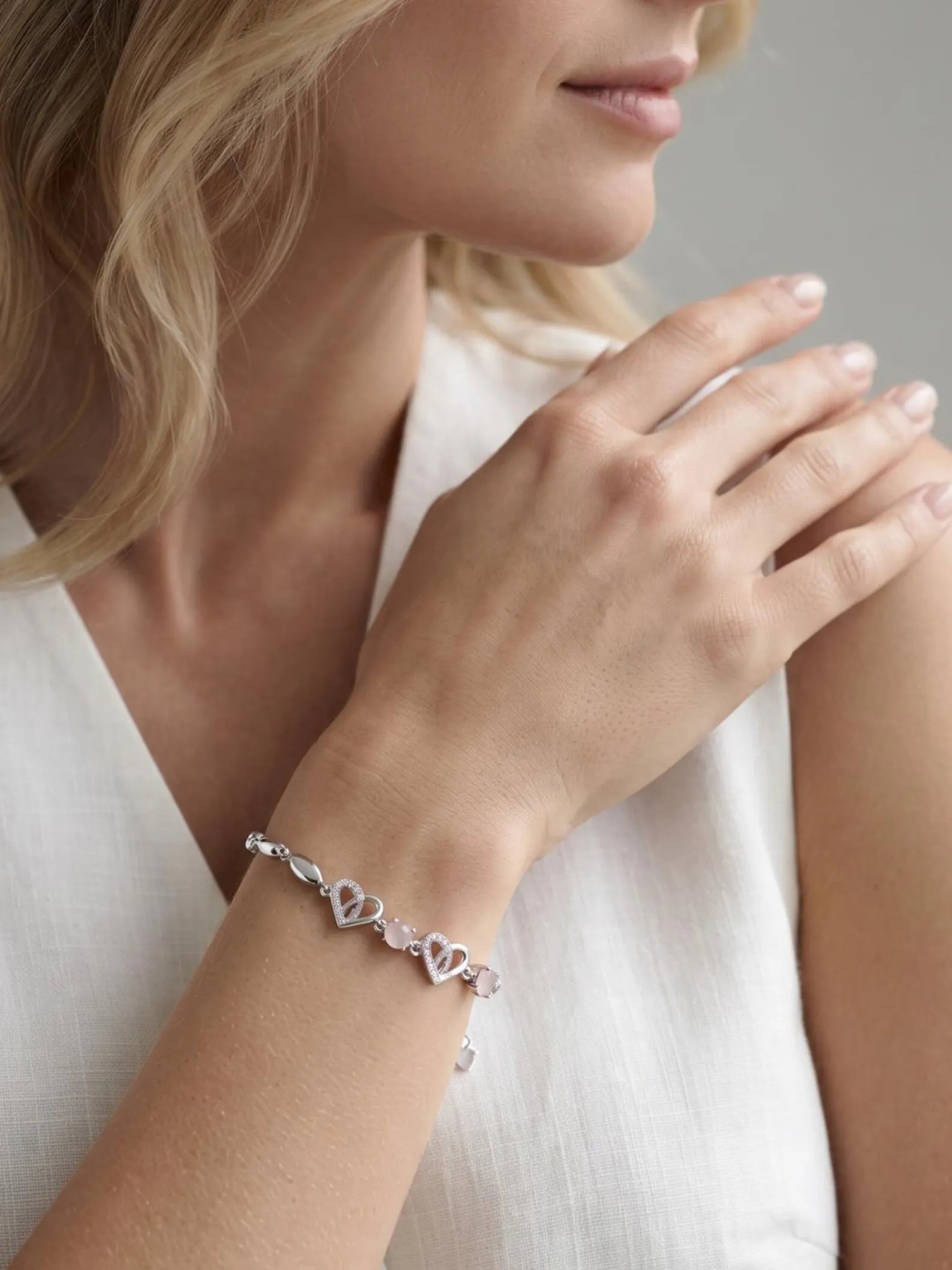 Pink Heart Bracelet,925 Sterling Silver Bracelet, Rose Quartz Heart Jewelry, CZ Heart Bracelet, Dainty Romantic Gift for Her,Dainty Bracelet
