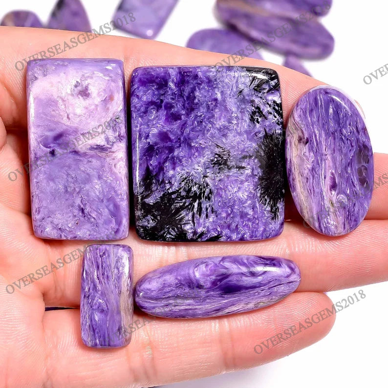 Five polished purple gemstone cabochons in different shapes held in a person's hand against a white background. The stones show marbled and crystalline purple patterns with some black inclusions.