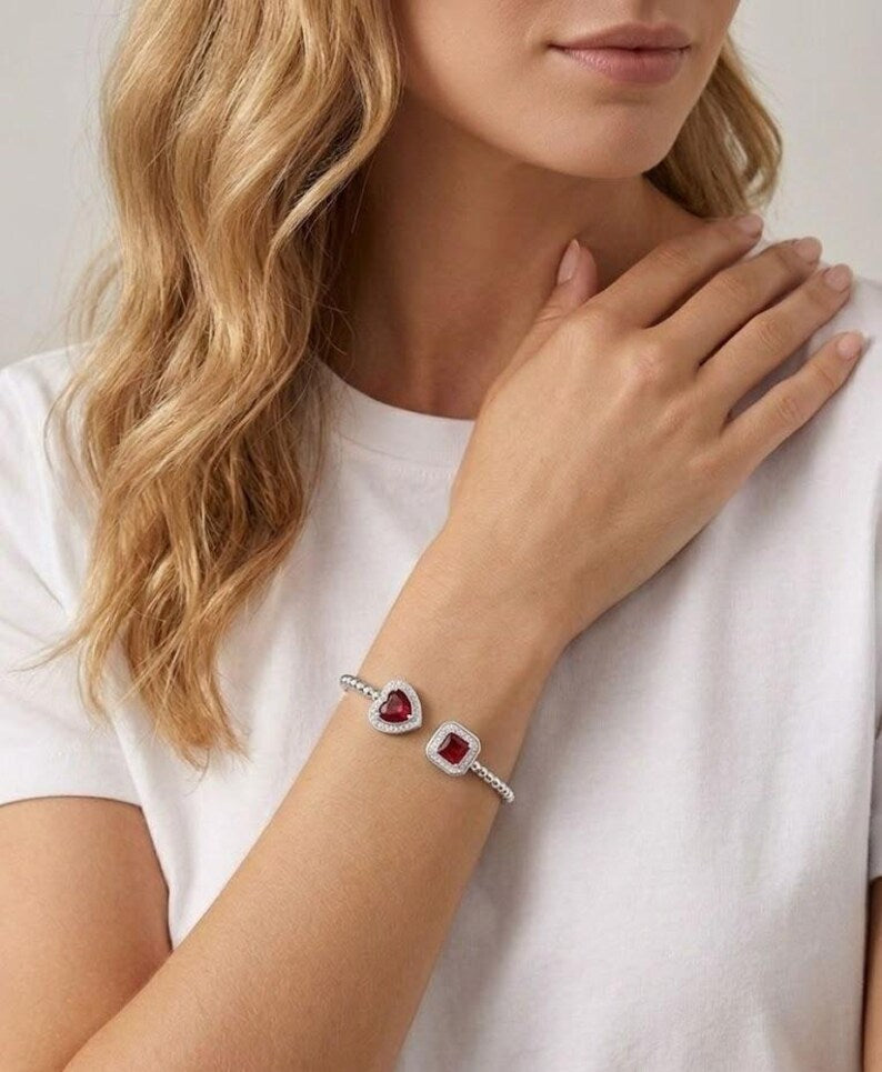 Sterling Silver Heart Square Ruby Zircon Bangle Bracelet Elegant Romantic Jewelry