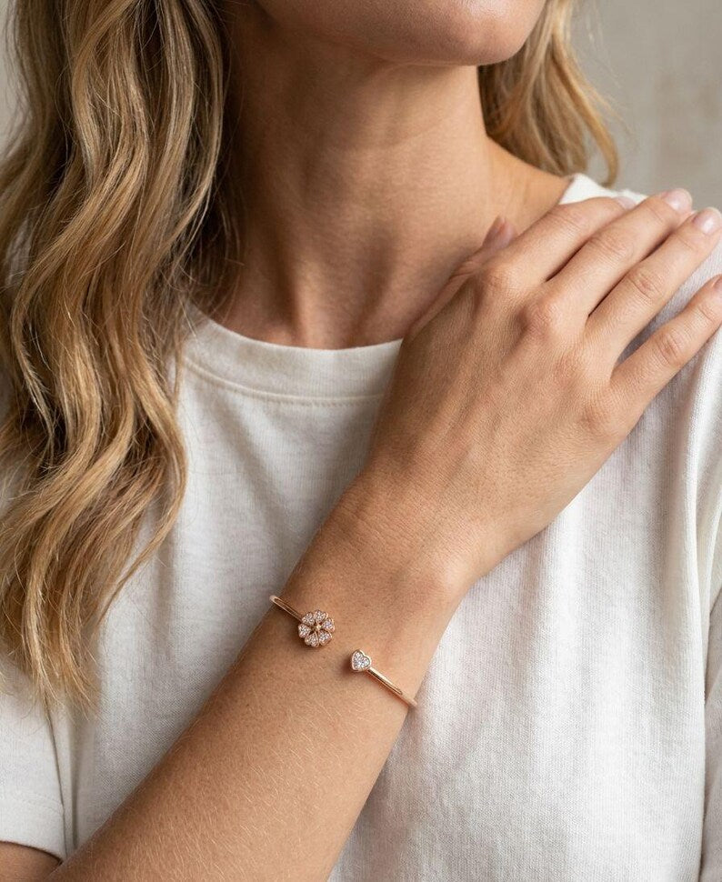 Sterling Silver Heart & Flower Zircon Bangle, Minimalist Red Stone Jewelry