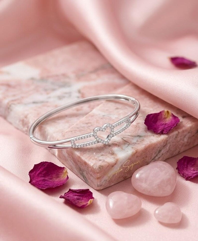 Sterling Silver Heart Zircon Bangle, Elegant Baguette Minimalist Bracelet