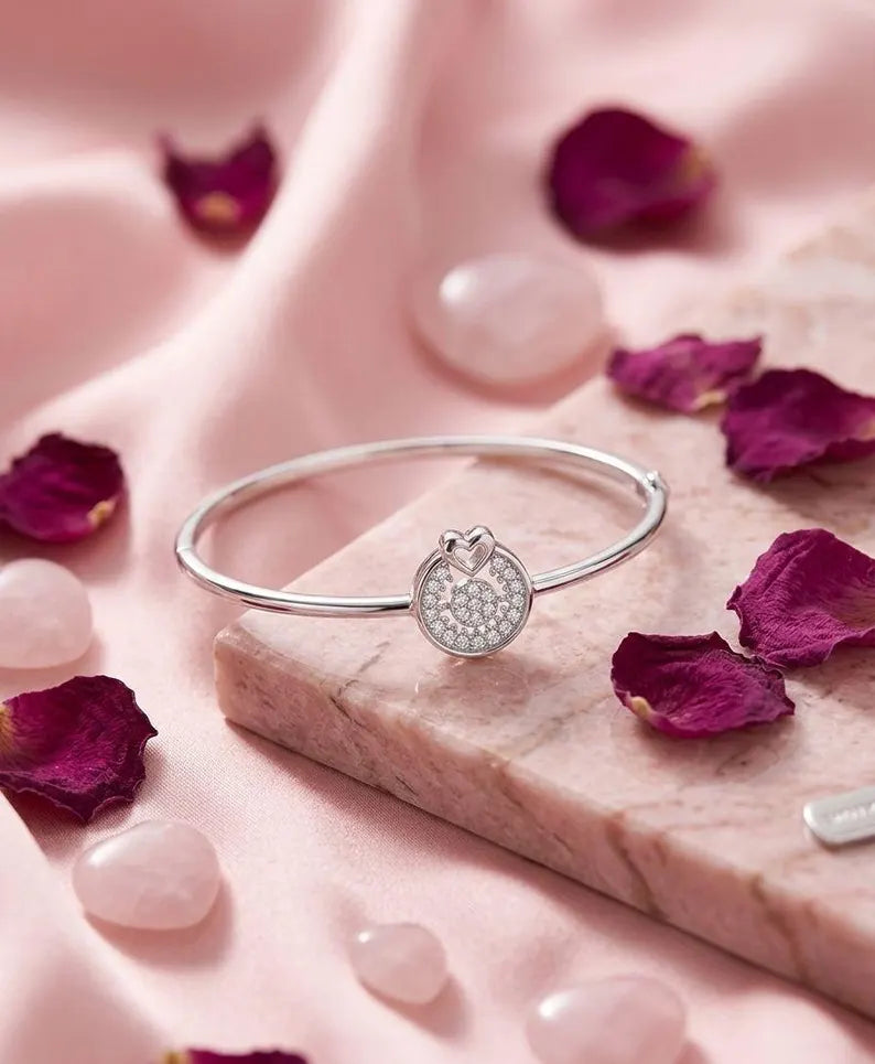 Sterling Silver Floral Bangle Bracelet | Zircon Flower Charm, Minimalist Jewelry
