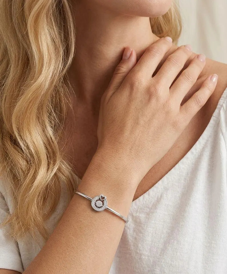 Sterling Silver Floral Bangle Bracelet | Zircon Flower Charm, Minimalist Jewelry