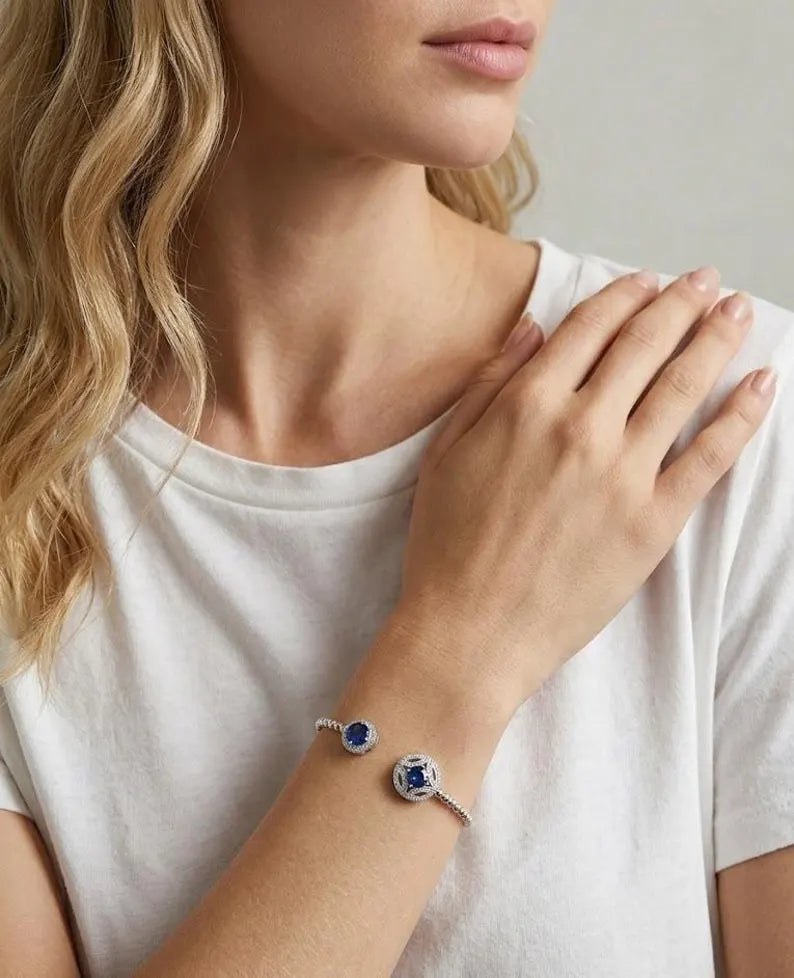 Sapphire and Diamond Tennis Bracelet, Sterling Silver Jewelry, Elegant Gift for Her, Bridal or Anniversary Accessory, Fine Fine Jewelry