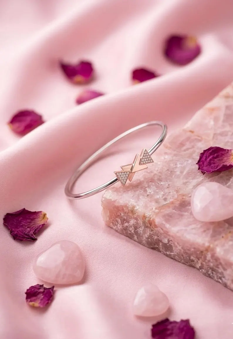 925 Sterling Silver CZ Bracelet, Dainty Zircon Triangle CZ Bracelet, Minimalist Dual Tone Bracelet, Wedding Jewelry