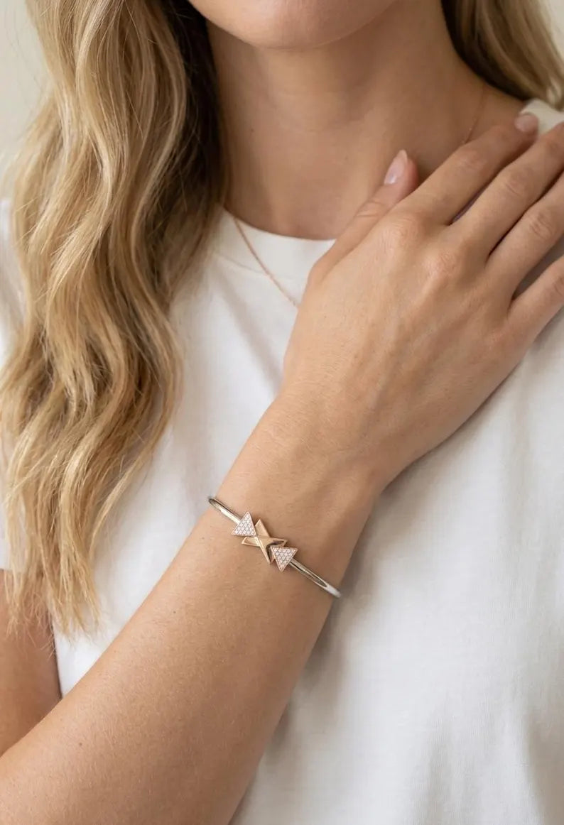 925 Sterling Silver CZ Bracelet, Dainty Zircon Triangle CZ Bracelet, Minimalist Dual Tone Bracelet, Wedding Jewelry
