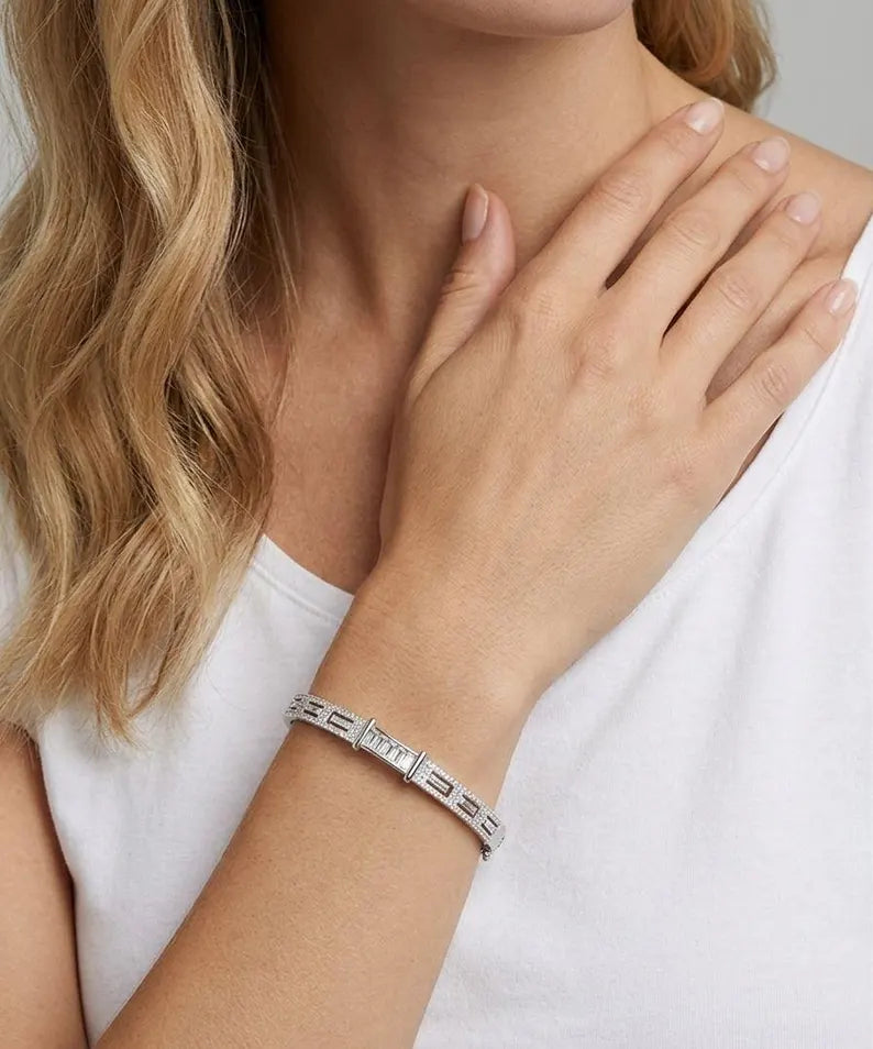 925 Sterling Silver Zircon Bracelet ,Elegant Baguette Stone Bracelet,Adjustable Bracelet, Minimalist Silver Bracelet ,Gift For Her
