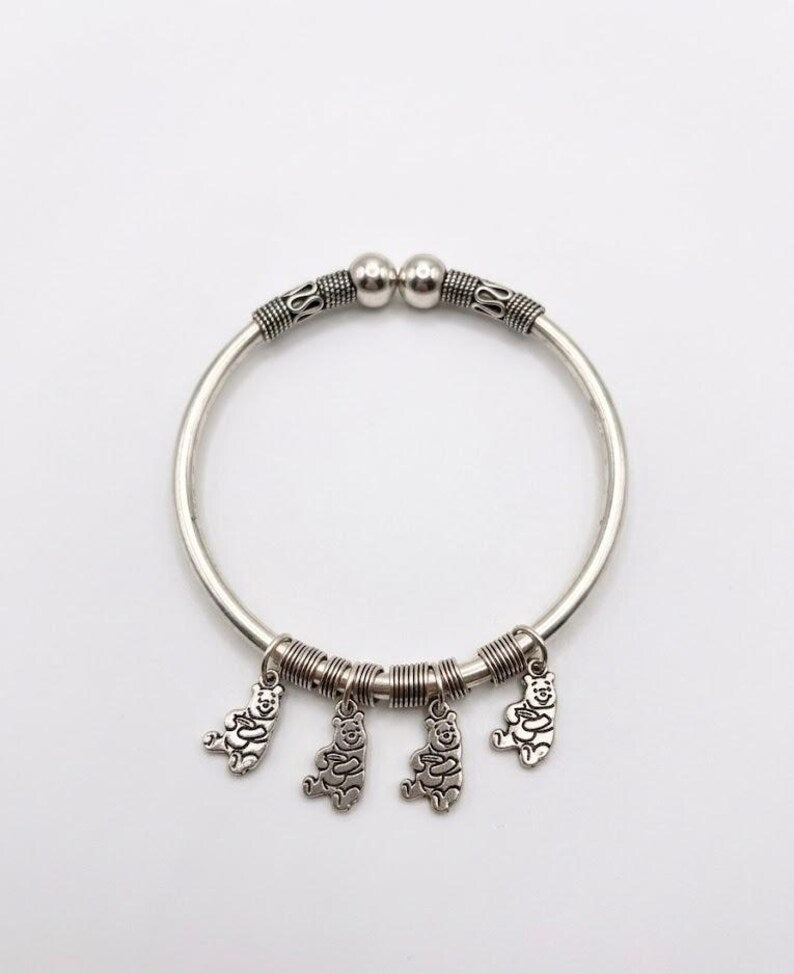 Sterling Silver Bear Charm Bangle, Minimalist Dainty Everyday Jewelry