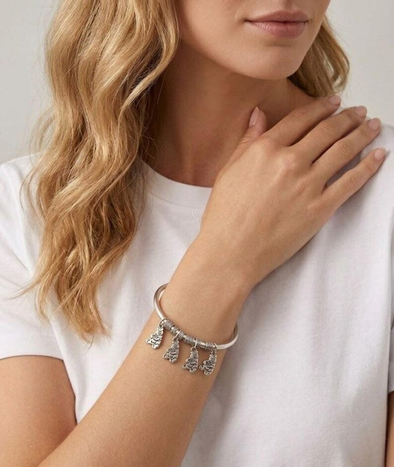 Sterling Silver Bear Charm Bangle, Minimalist Dainty Everyday Jewelry