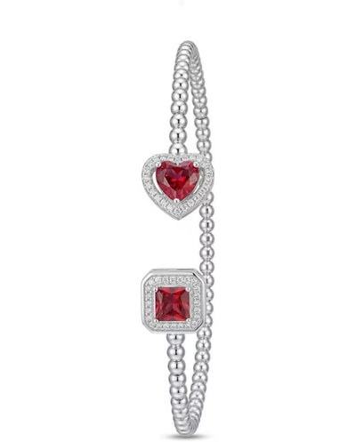 925 Sterling Silver Heart & Square Zircon Ruby Bracelet | Red Stone Jewelry - Gift for Her