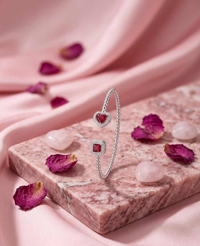 Sterling Silver Heart Square Ruby Zircon Bangle Bracelet Elegant Romantic Jewelry
