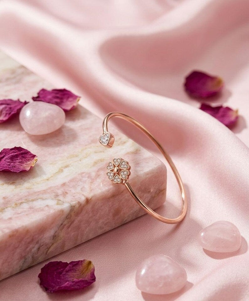 Sterling Silver Heart & Flower Zircon Bangle, Minimalist Red Stone Jewelry