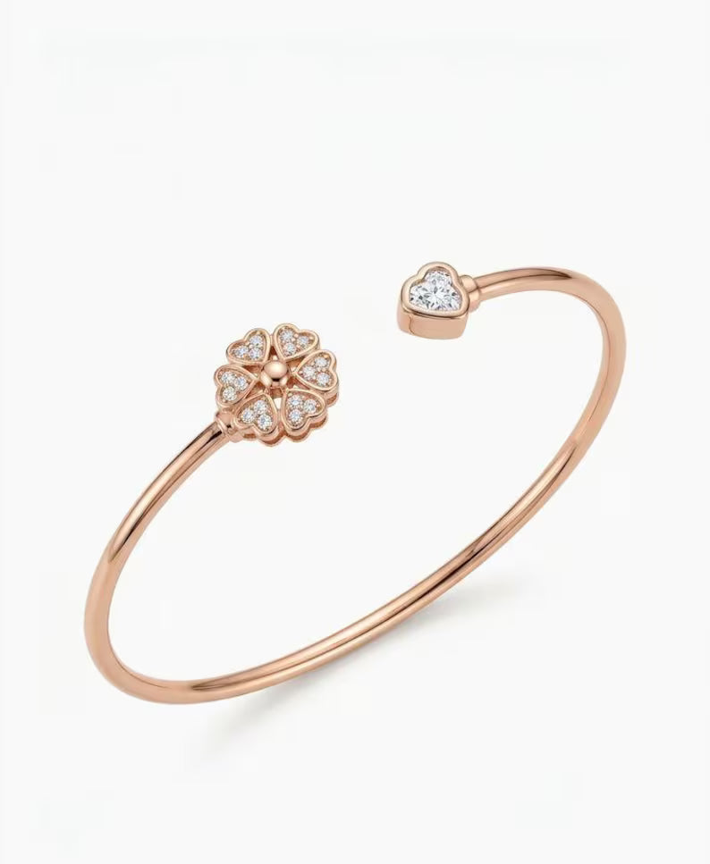 Sterling Silver Heart & Flower Zircon Bangle, Minimalist Red Stone Jewelry