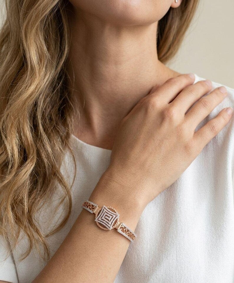 Sterling Silver 925 Zircon Bag Bangle, Luxury Minimal Diamond Look Bracelet