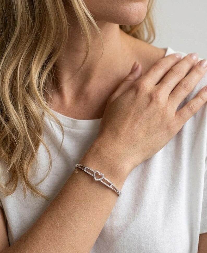 Sterling Silver Heart Zircon Bangle, Elegant Baguette Minimalist Bracelet