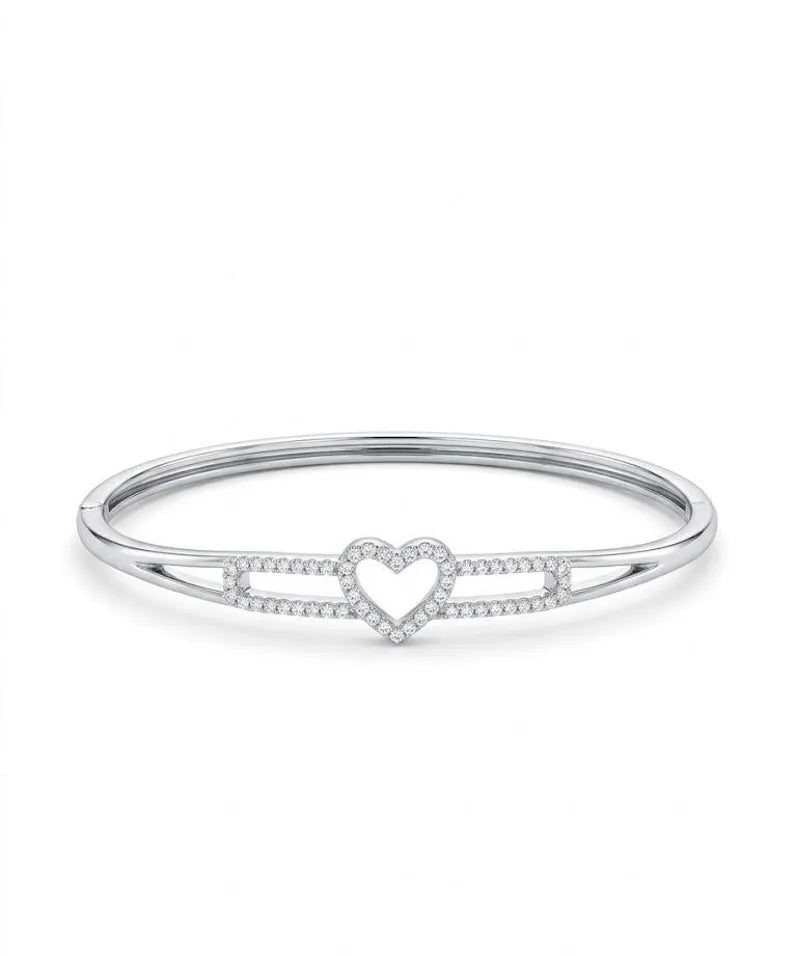 Sterling Silver Heart Zircon Bangle, Elegant Baguette Minimalist Bracelet