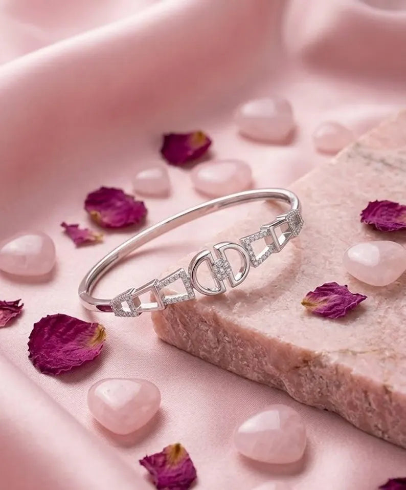 Sterling Silver Floral Bangle Bracelet | Zircon Flower Charm, Minimalist Jewelry