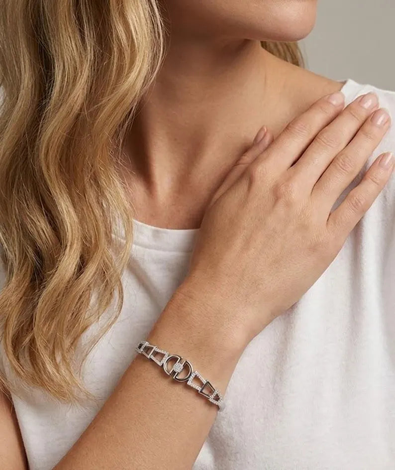 Sterling Silver Floral Bangle Bracelet | Zircon Flower Charm, Minimalist Jewelry
