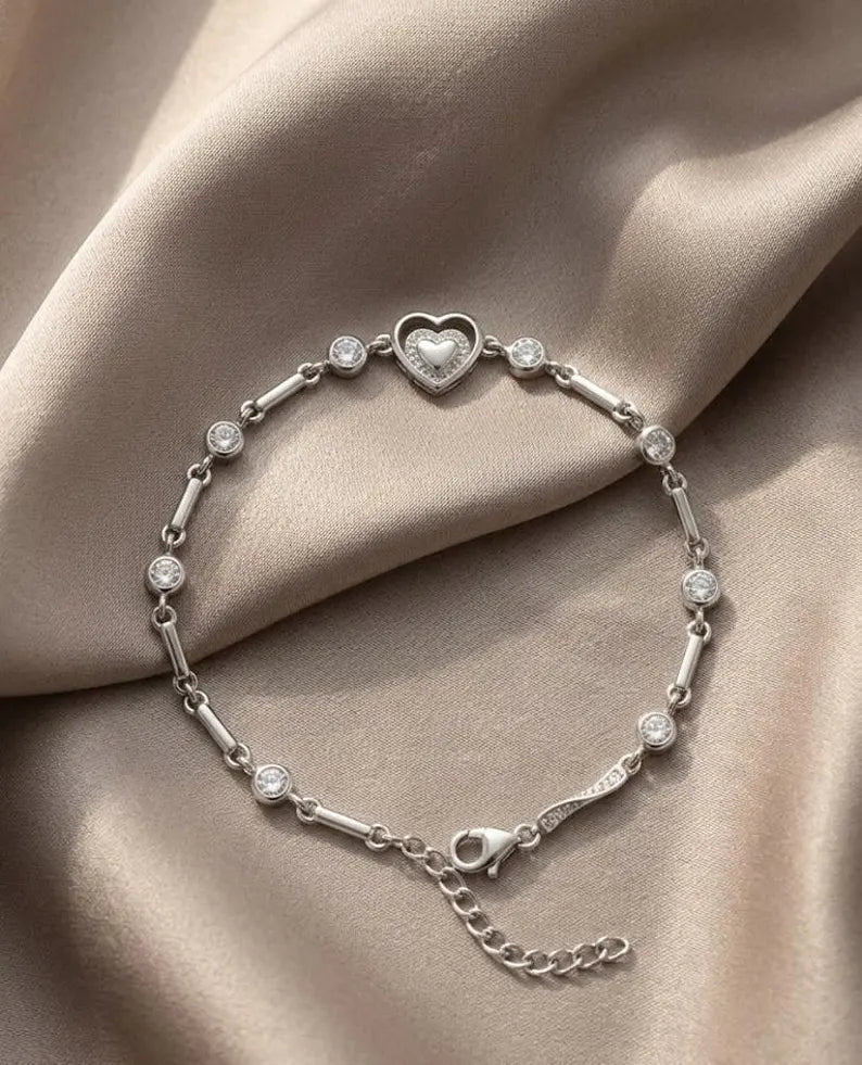 925 Sterling Silver Heart Charm Bracelet with Bezel Stones, Gift for Her, Daily