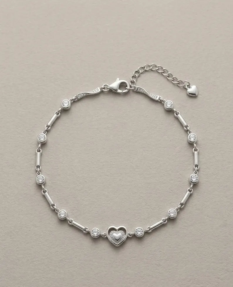 925 Sterling Silver Heart Charm Bracelet with Bezel Stones, Gift for Her, Daily