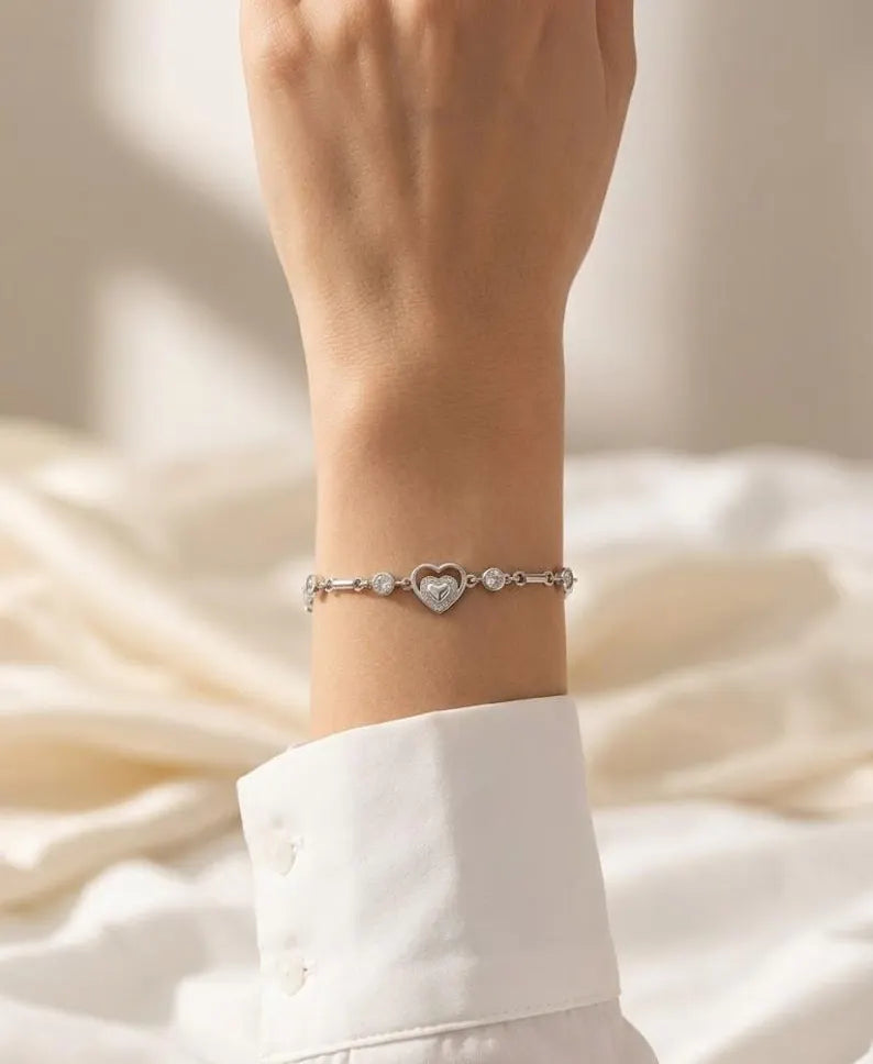 925 Sterling Silver Heart Charm Bracelet with Bezel Stones, Gift for Her, Daily