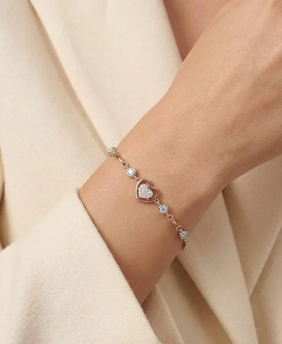 925 Sterling Silver Two-Tone Heart Bracelet | Rose Gold Double Heart Jewelry for Women