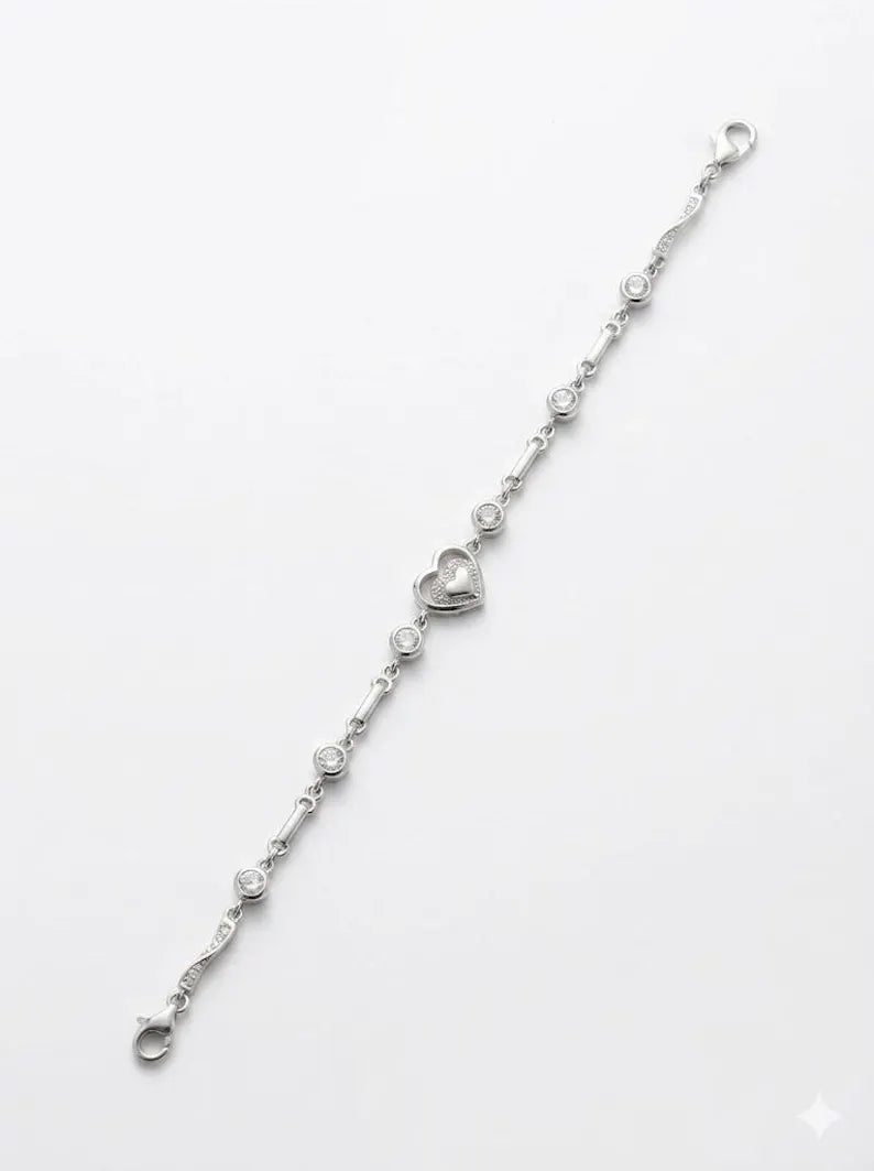 925 Sterling Silver Heart Charm Bracelet with Bezel Stones, Gift for Her, Daily