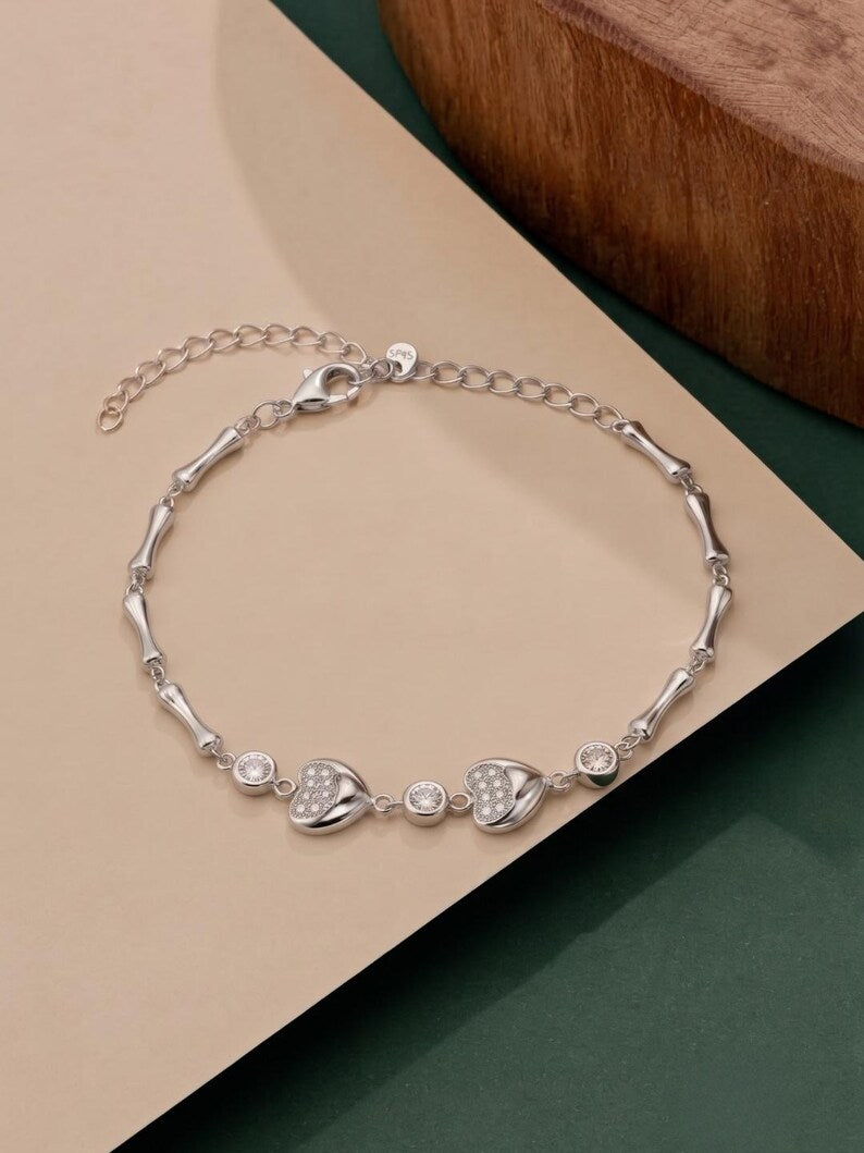  925 Sterling Silver Heart Link Bracelet