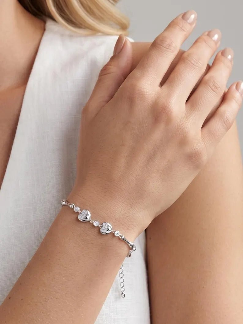 925 Sterling Silver CZ Heart Bracelet