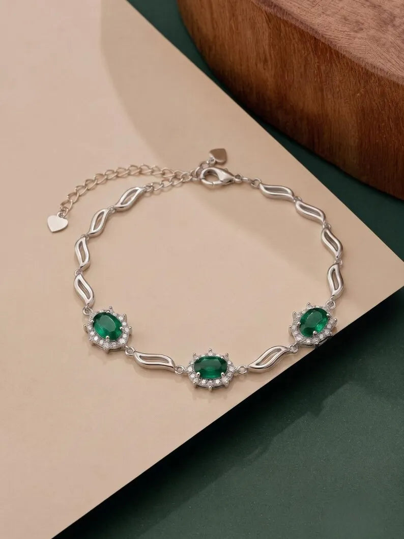 Emerald Green Oval Gemstone Silver Bracelet