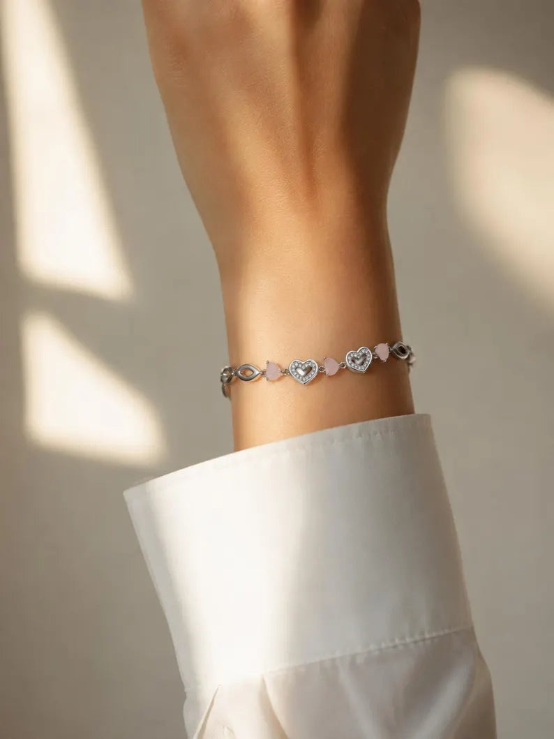Sterling Silver Rose Quartz Heart Bracelet